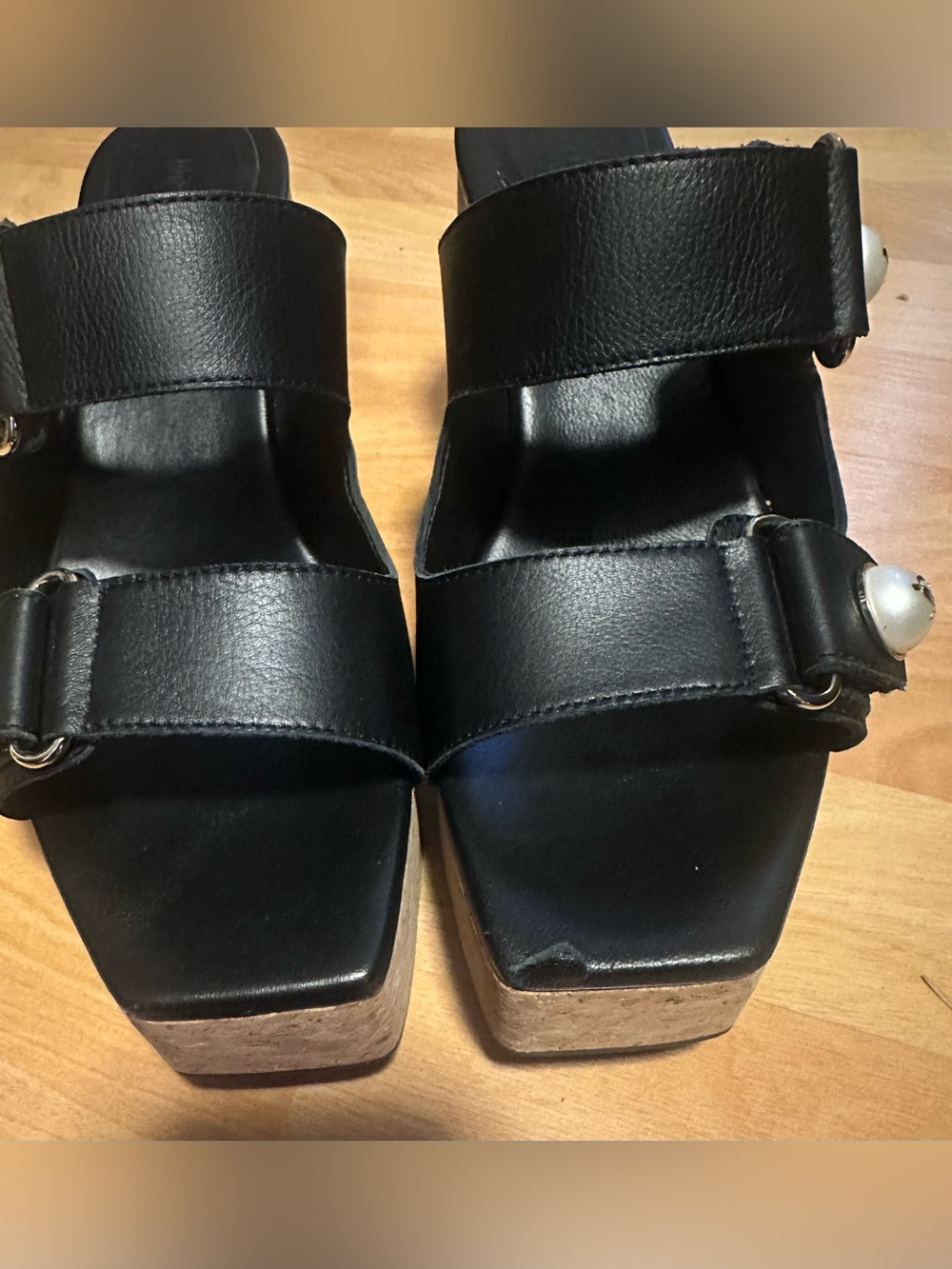Jimmy Choo Black Leather Cork Platform Sandals with Gold Button 40.5 - Picture 3 of 5